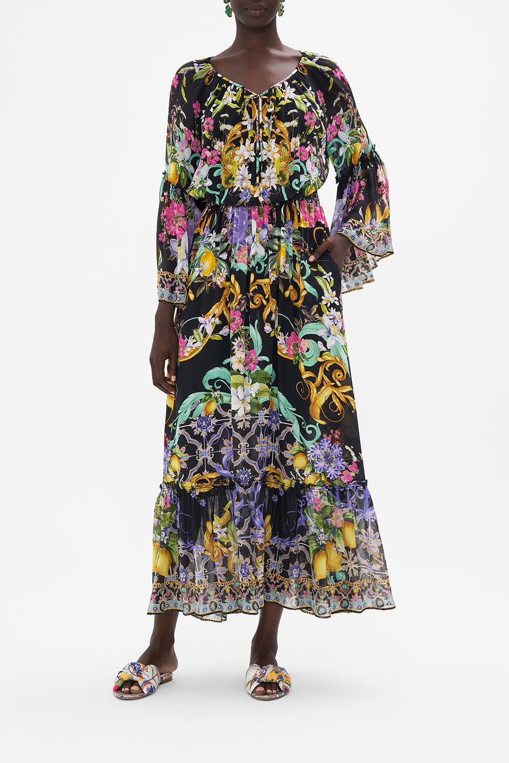 Front view of model wearing CAMILLA floral print maxi dress in Meet Me In Marchesa print
