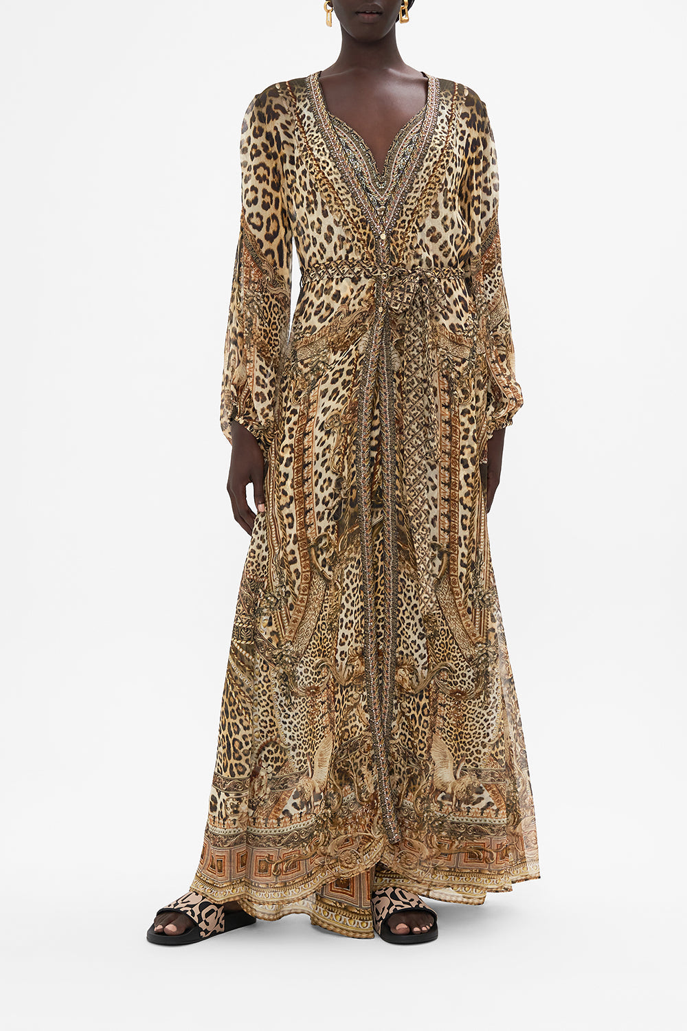 Front view of model wearing CAMILLA ilk loepard print kimono layer in Standing Ovation print