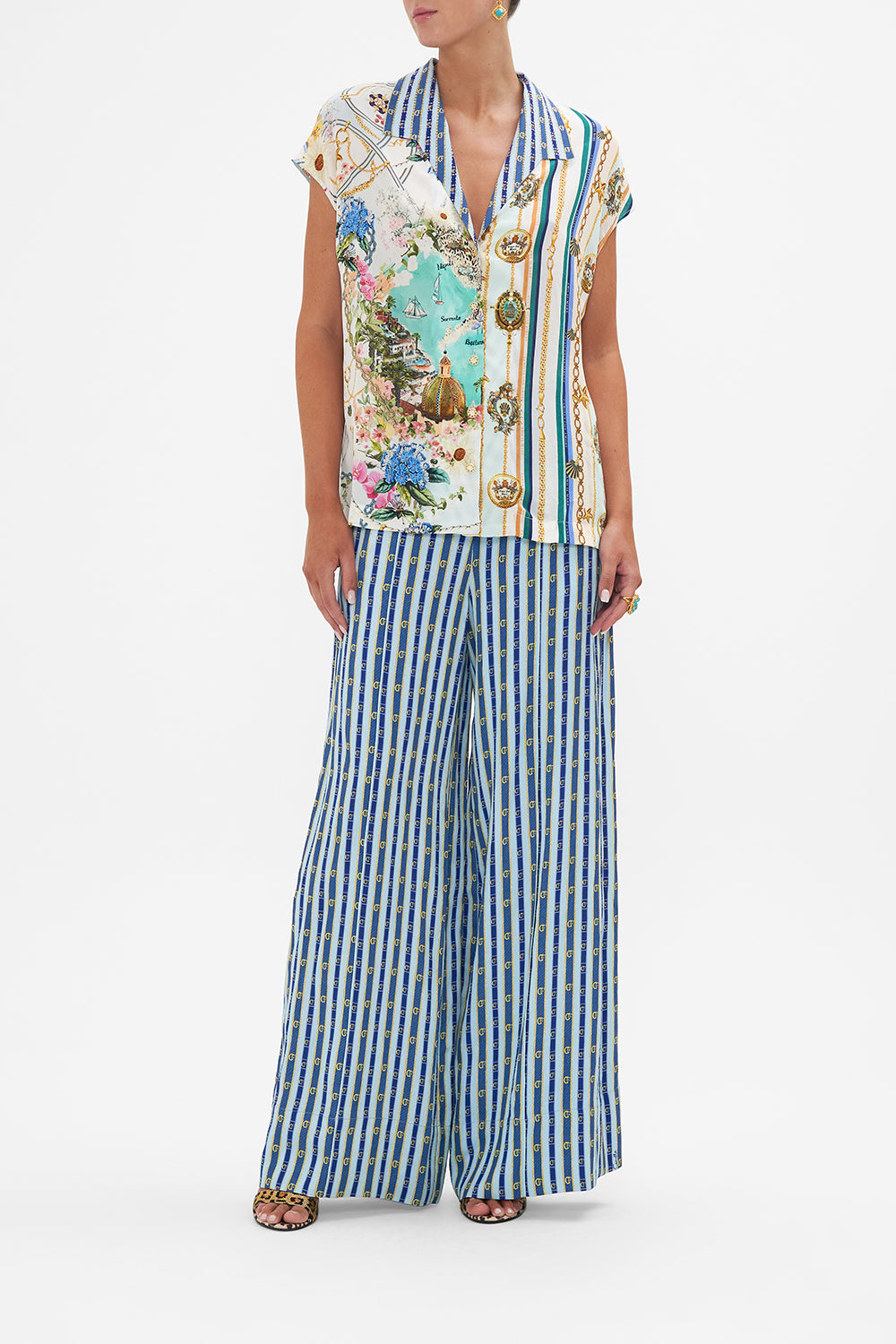 Front view of model wearing CAMILLA printed silk top in Amalfi Lullaby print