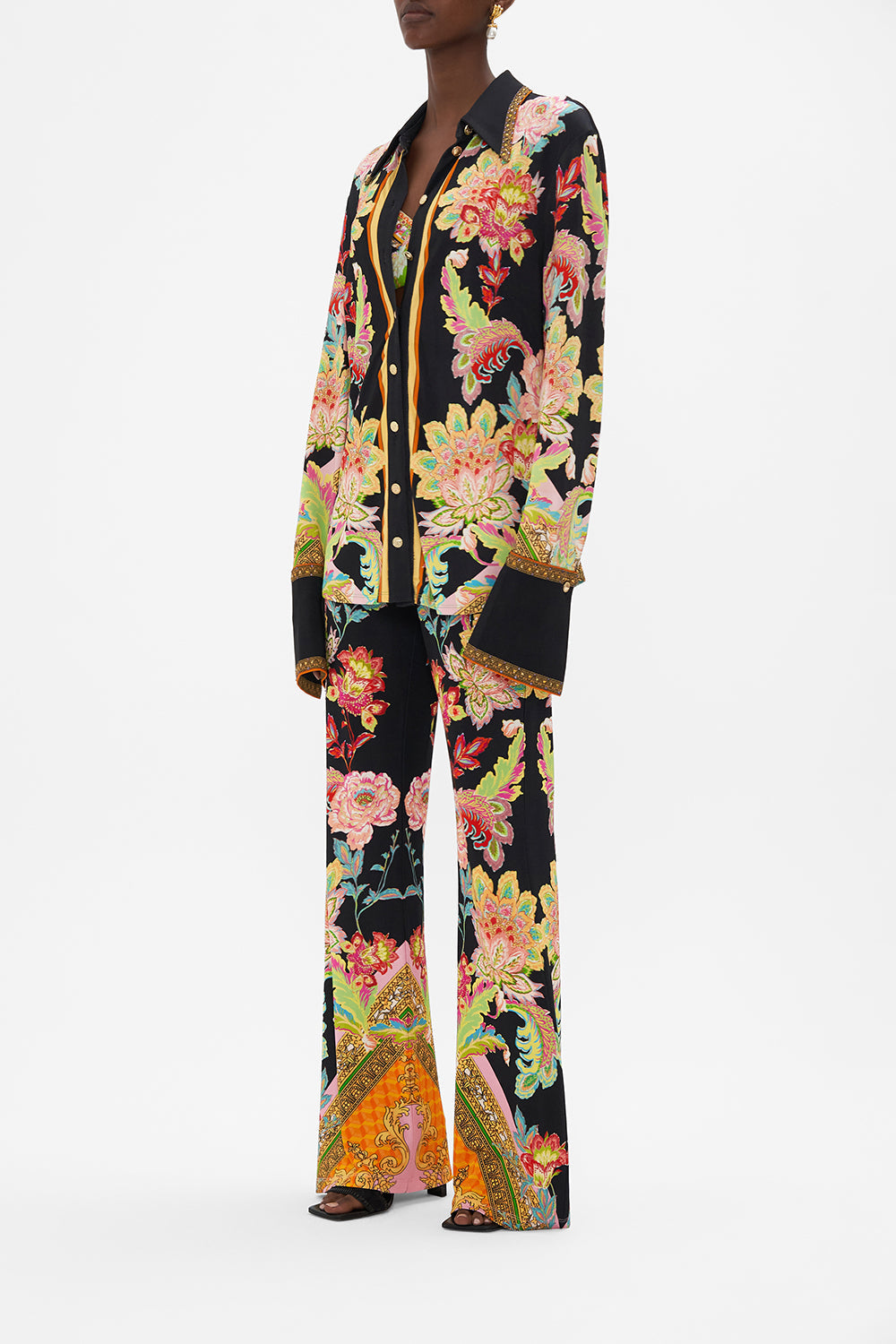 Side view of model wearing CAMILLA printed shirt in Sundowners in Sicily print