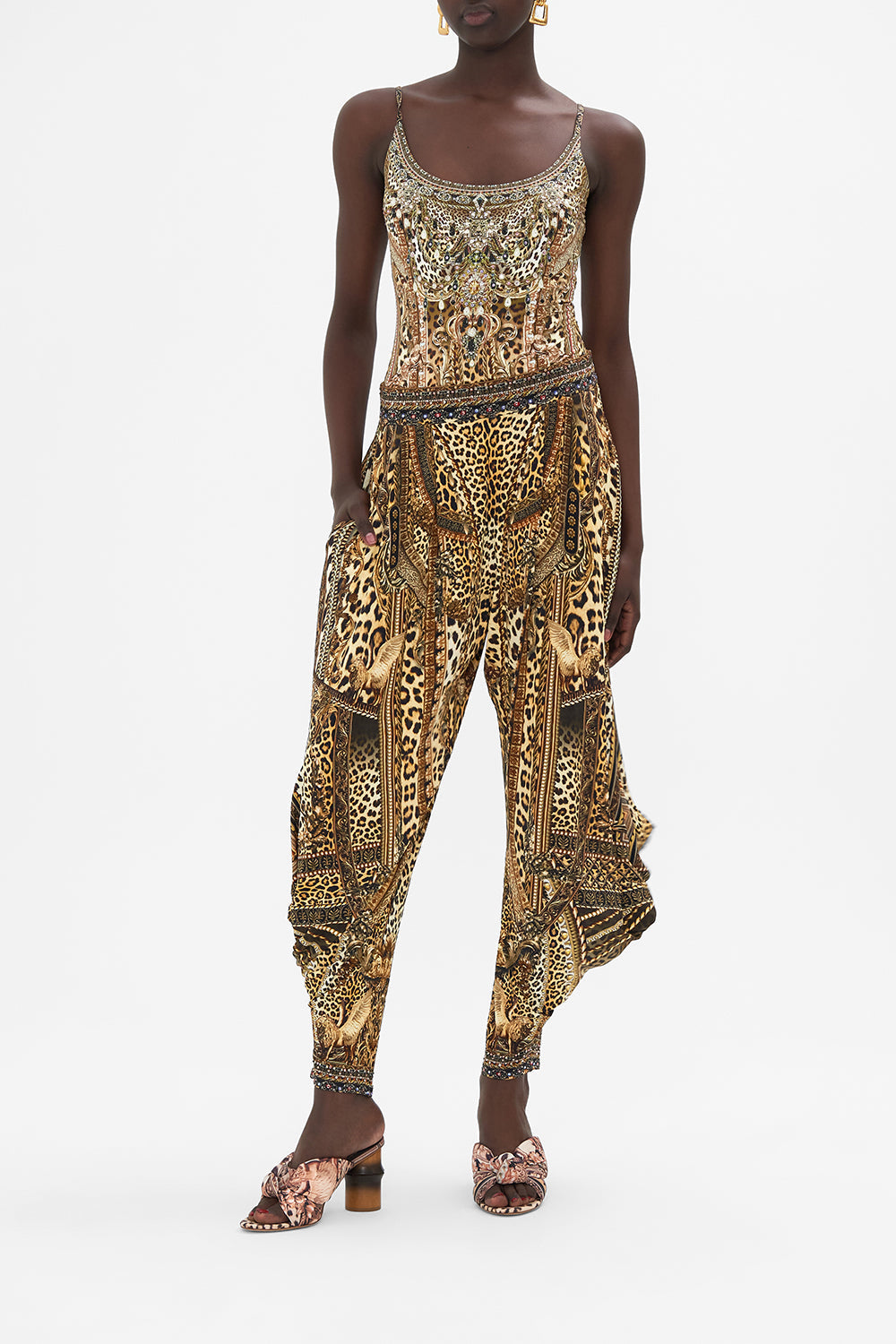 Front view of model wearing CAMILLA leopard print jersey pant in Standing Ovation print