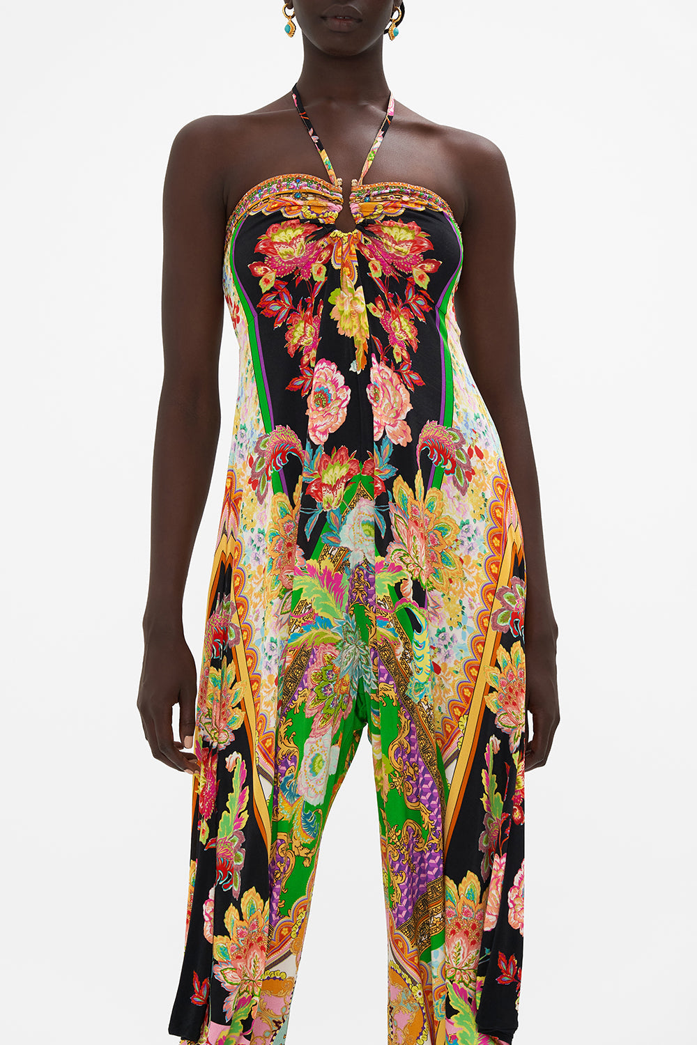 Crop view of model wearing CAMILLA printed jumpsuit in Sundowners in Sicily print