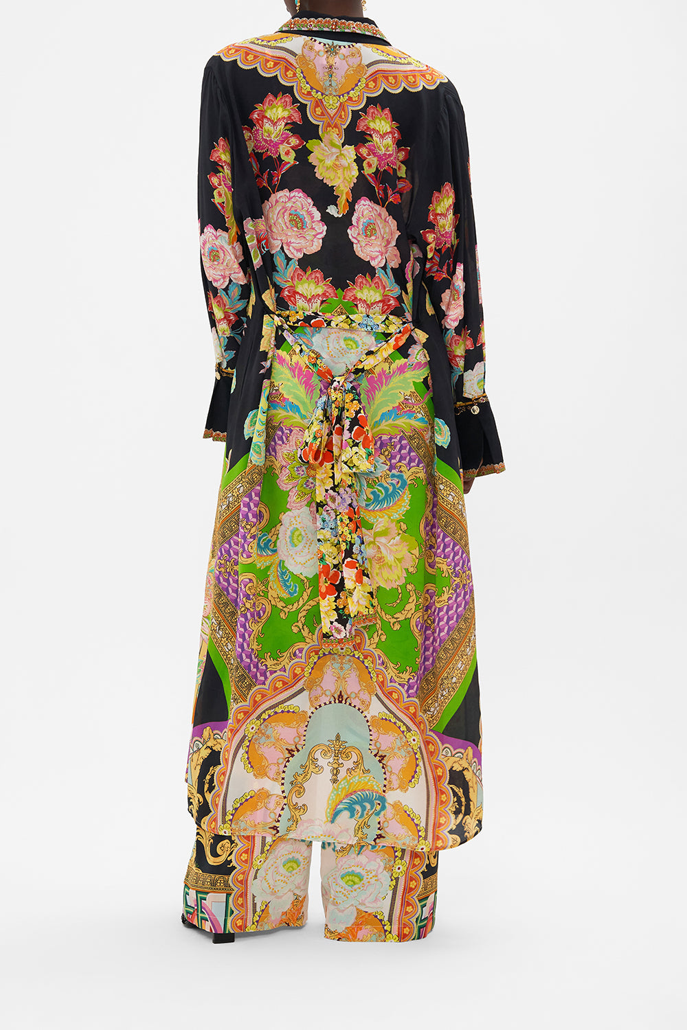 Back view of model wearing CAMILLA silk jakcet in Sundowners in Sicily print