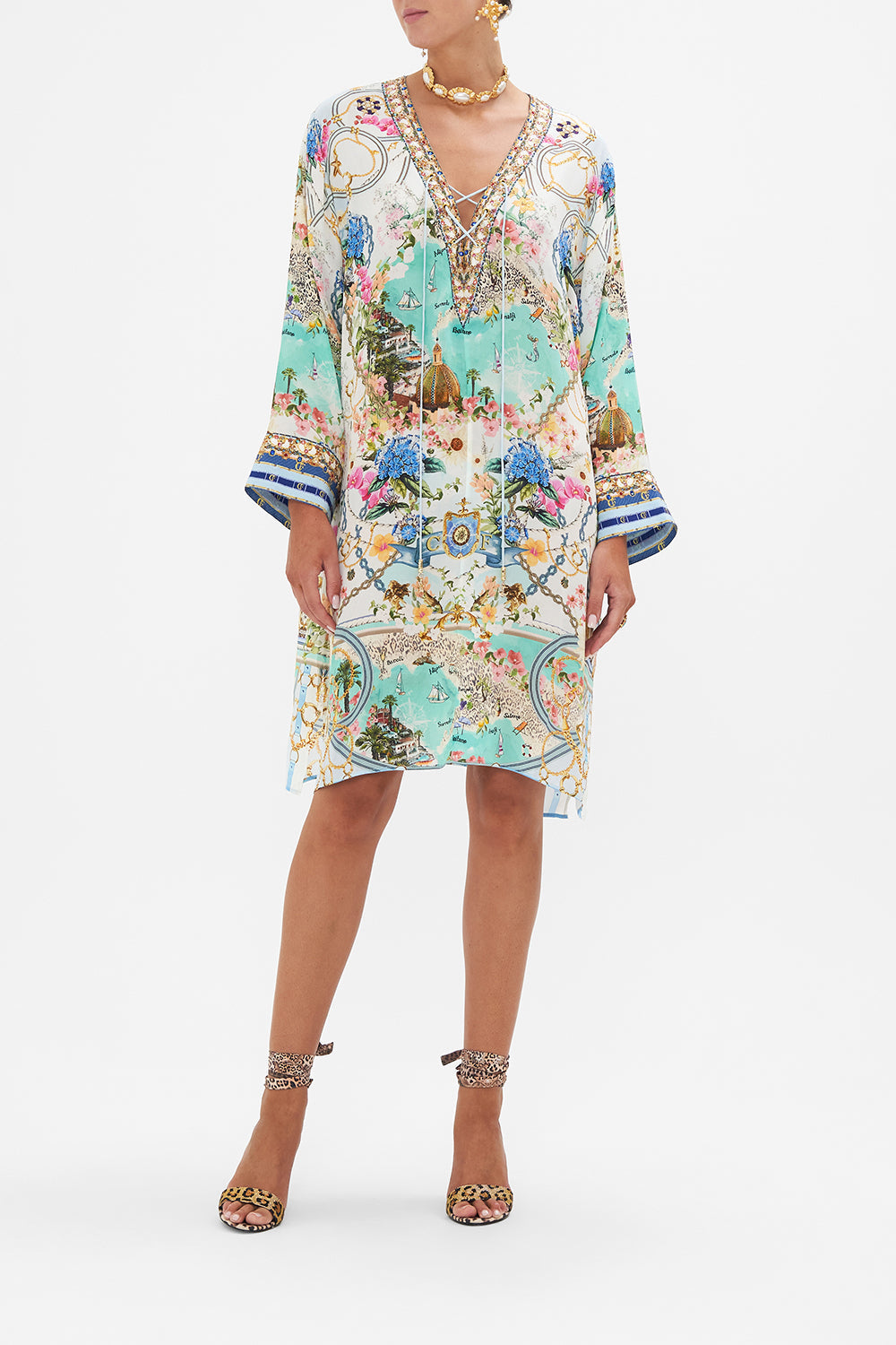 Front view of model wearing CAMILLA silk kaftan in Amalfi Lullaby print