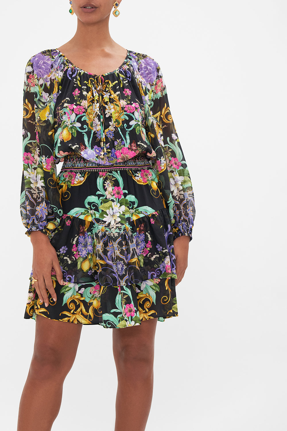 BLOUSON SLEEVE DRESS WITH DOUBLE RUFFLE HEM MEET ME IN MARCHESA