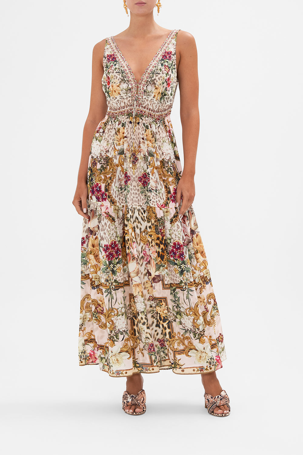 Front view of model wearing CAMILLA silk shirred waist dress in Bambino Bliss print