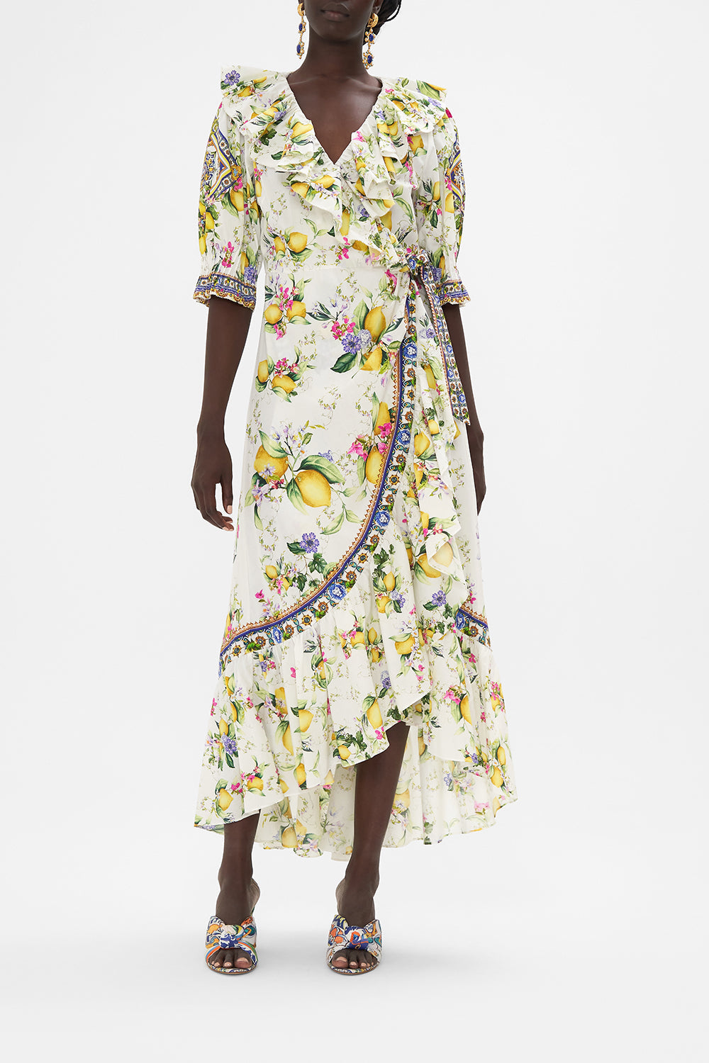 Front view of model wearing CAMILLA wrap dress in Caterina Spritz print