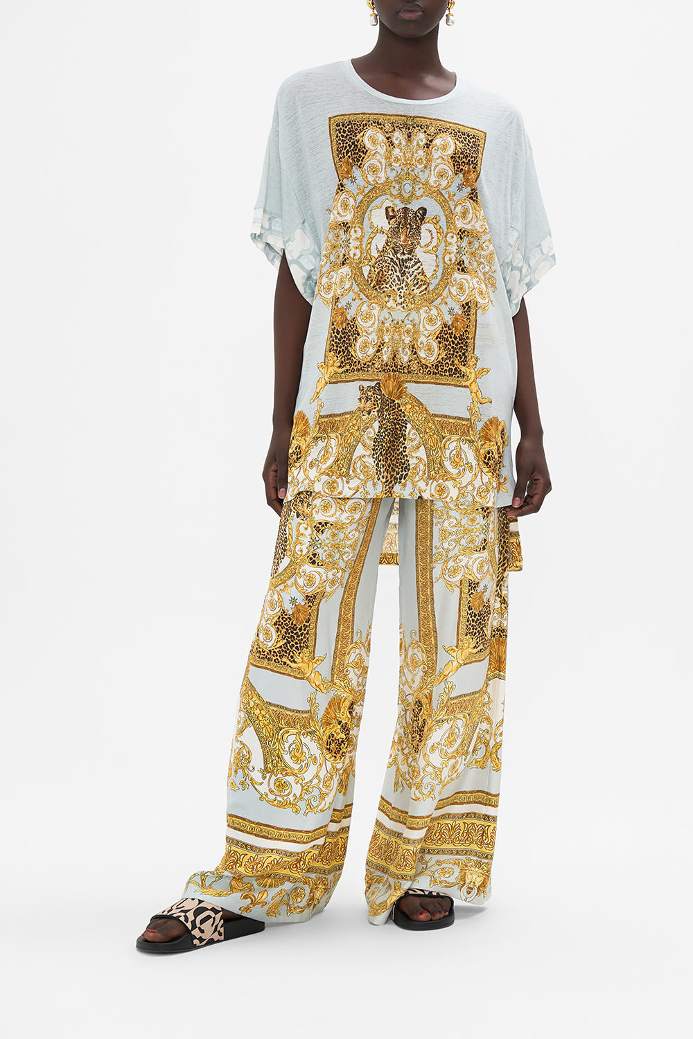 Front view of model wearing CAMILLA oversized tee in Palazzo Pride print