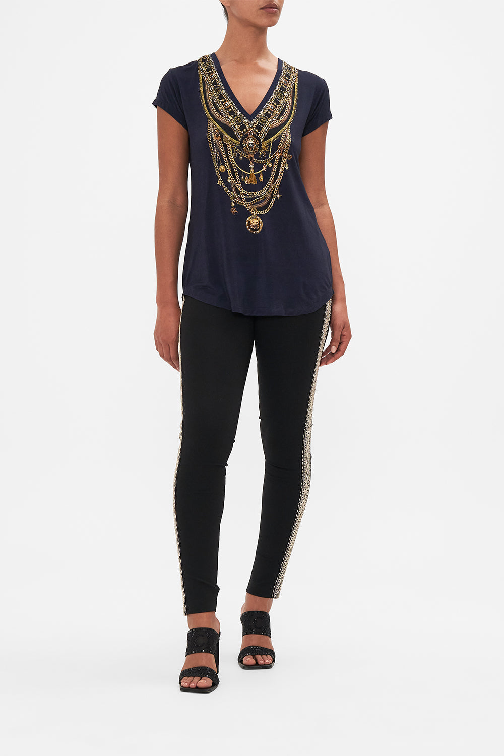 Front view of model wearing CAMILLA v neck tee in Duomo Kaleido print