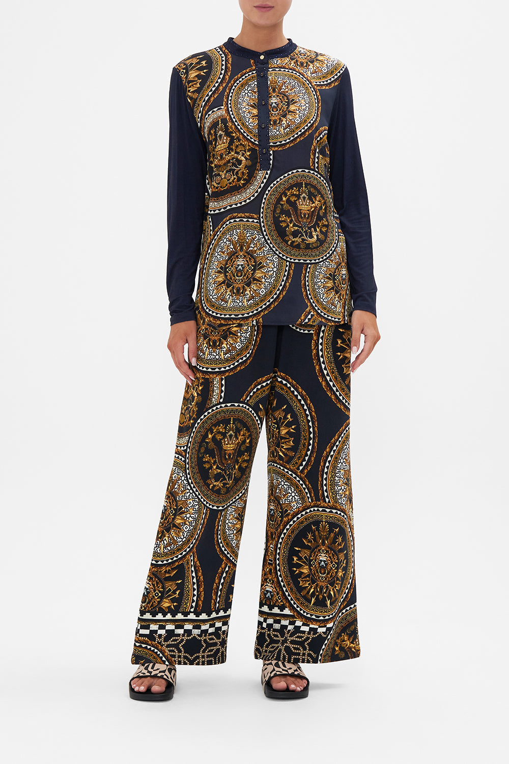 Front view of model wearing CAMILLA silk shirt in Duomo Kaleido print