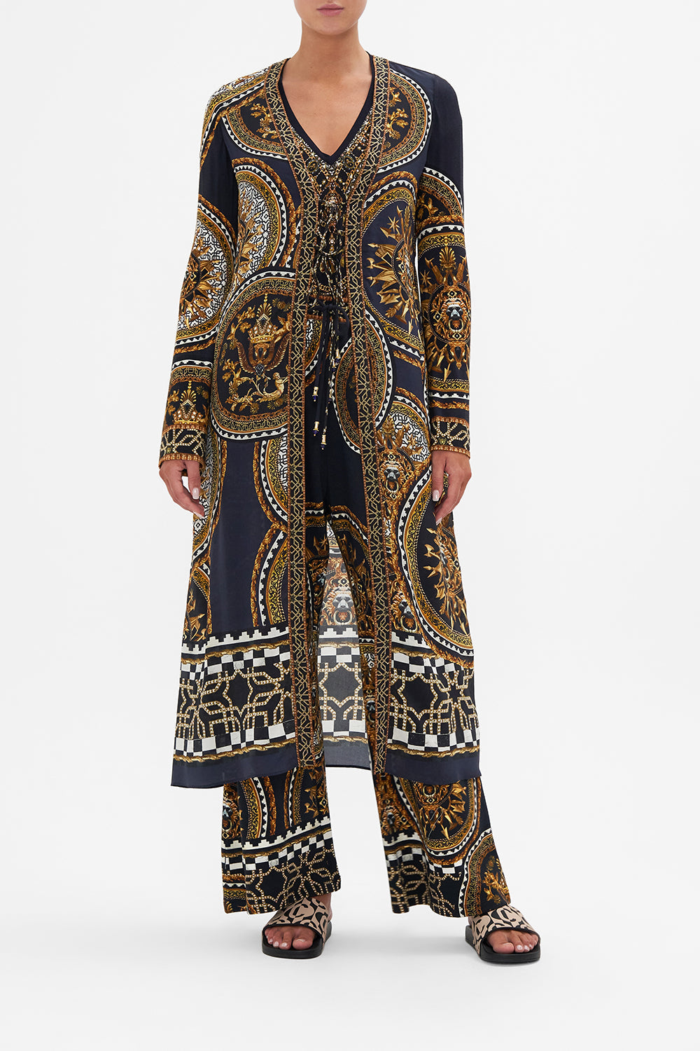 Front view of model wearing CAMILLA silkl kimono layer with tie in Duomo Kaleido print