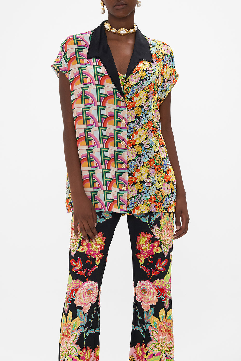 Crop view of model wearing CAMILLA silk collared top in Sundowners in Sicily print