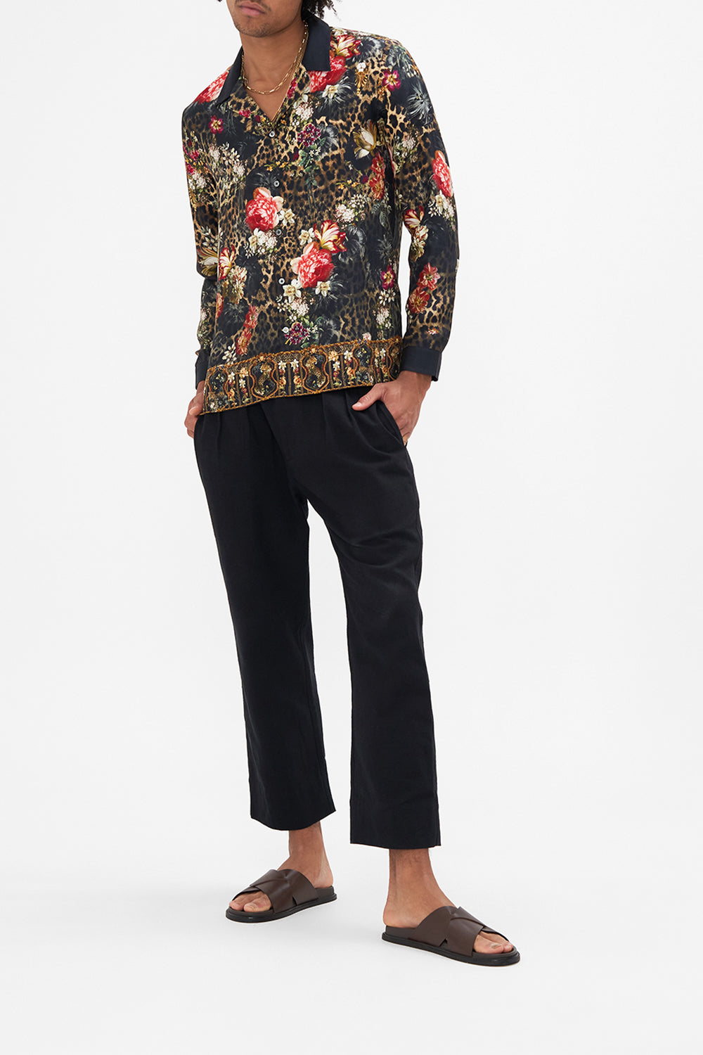 Front view of HOTEL FRANKS BY CAMILLA mens silk shirt in A Night At The Opera floral print