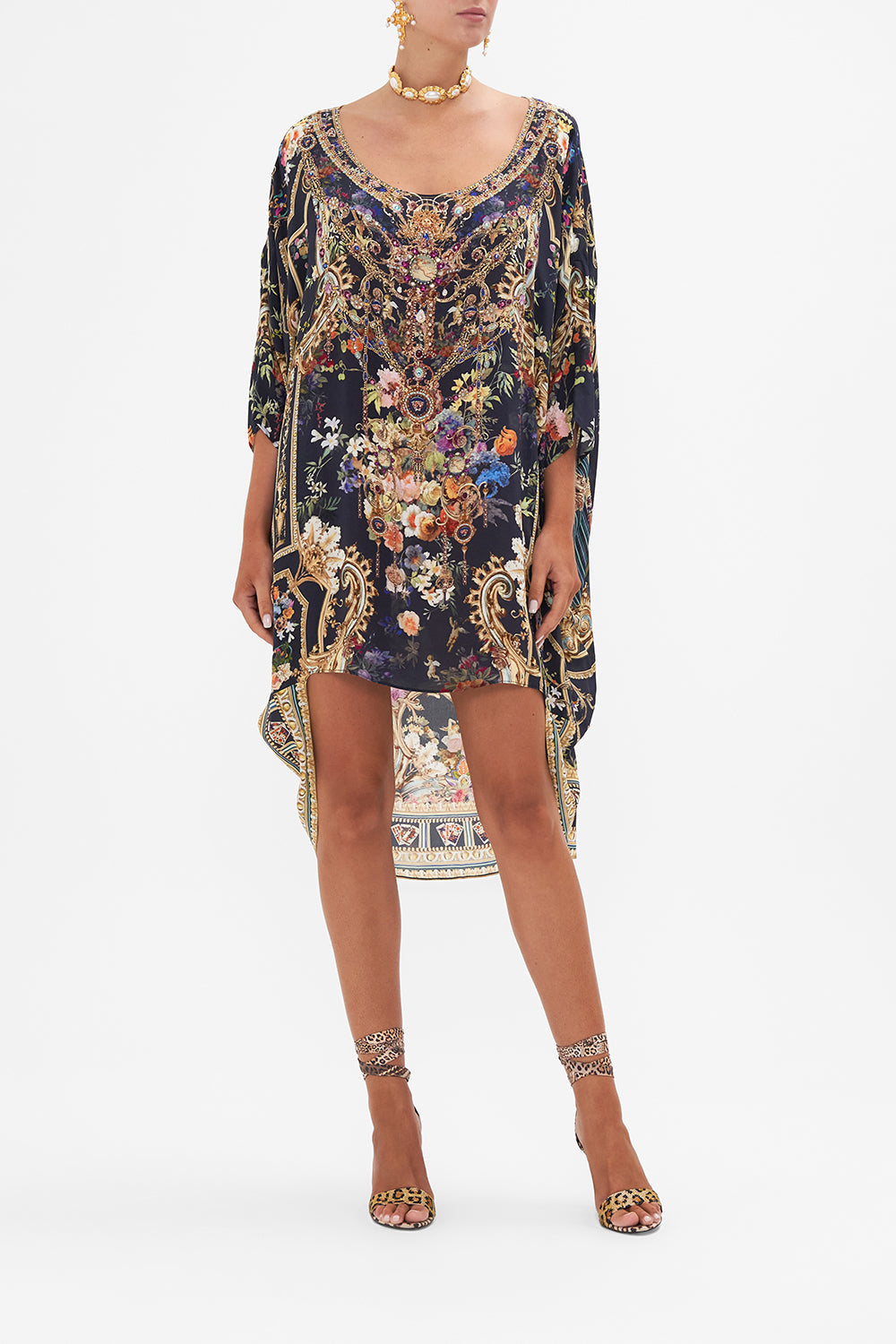 Front view of model wearing CAMILLA silk floral mini dress in Play Your Cards Right print