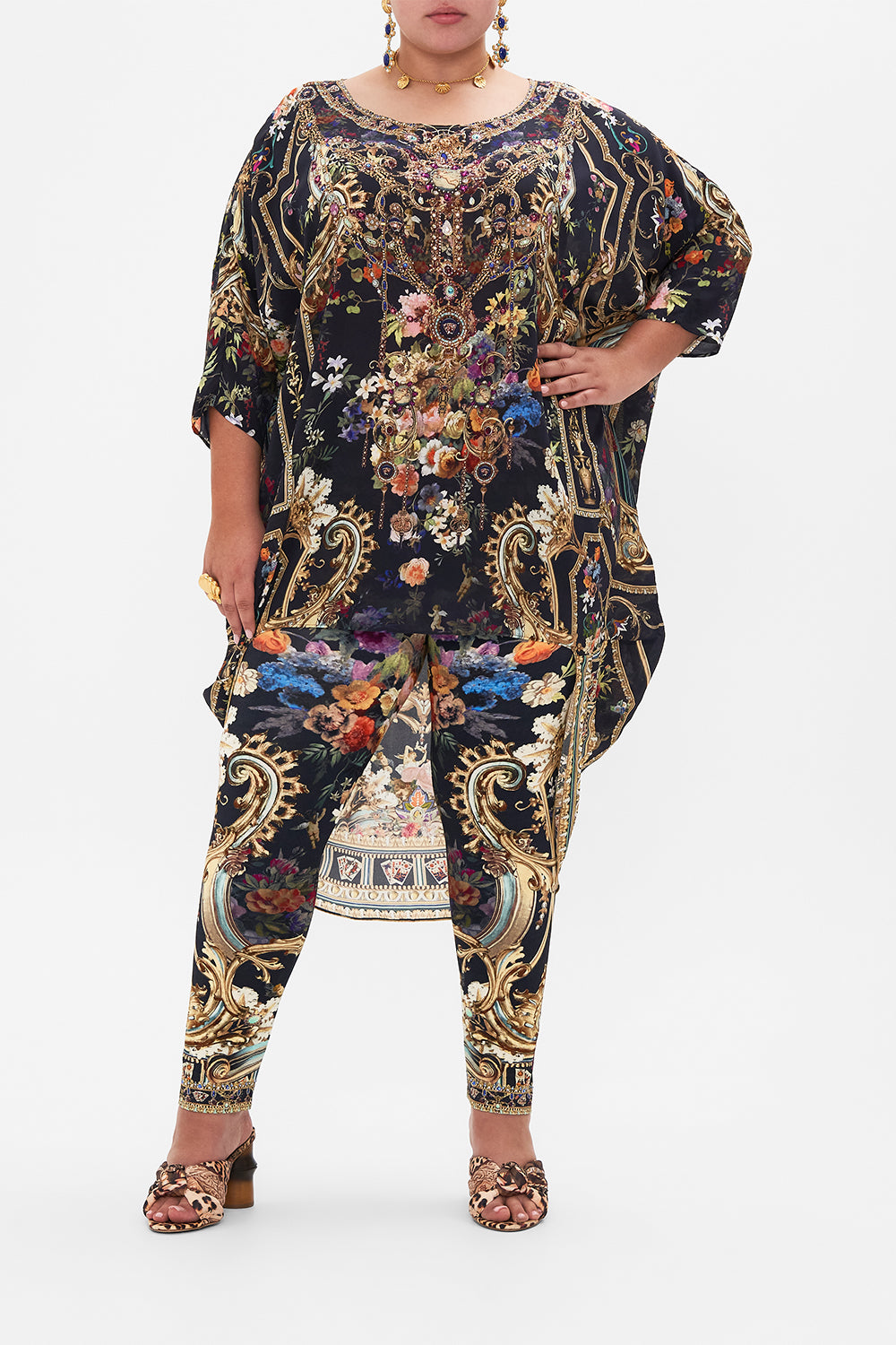 Front view of curvy model wearing CAMILLA plus size floral dress in Play Your Cards Right print