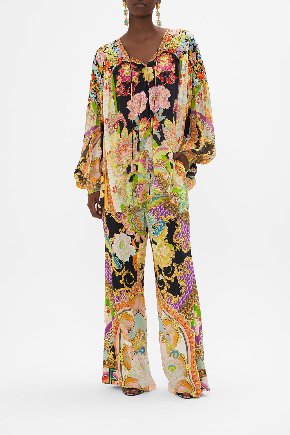 Front view of model wearing CAMILLA silk blouse in Sundowners in Sicily print