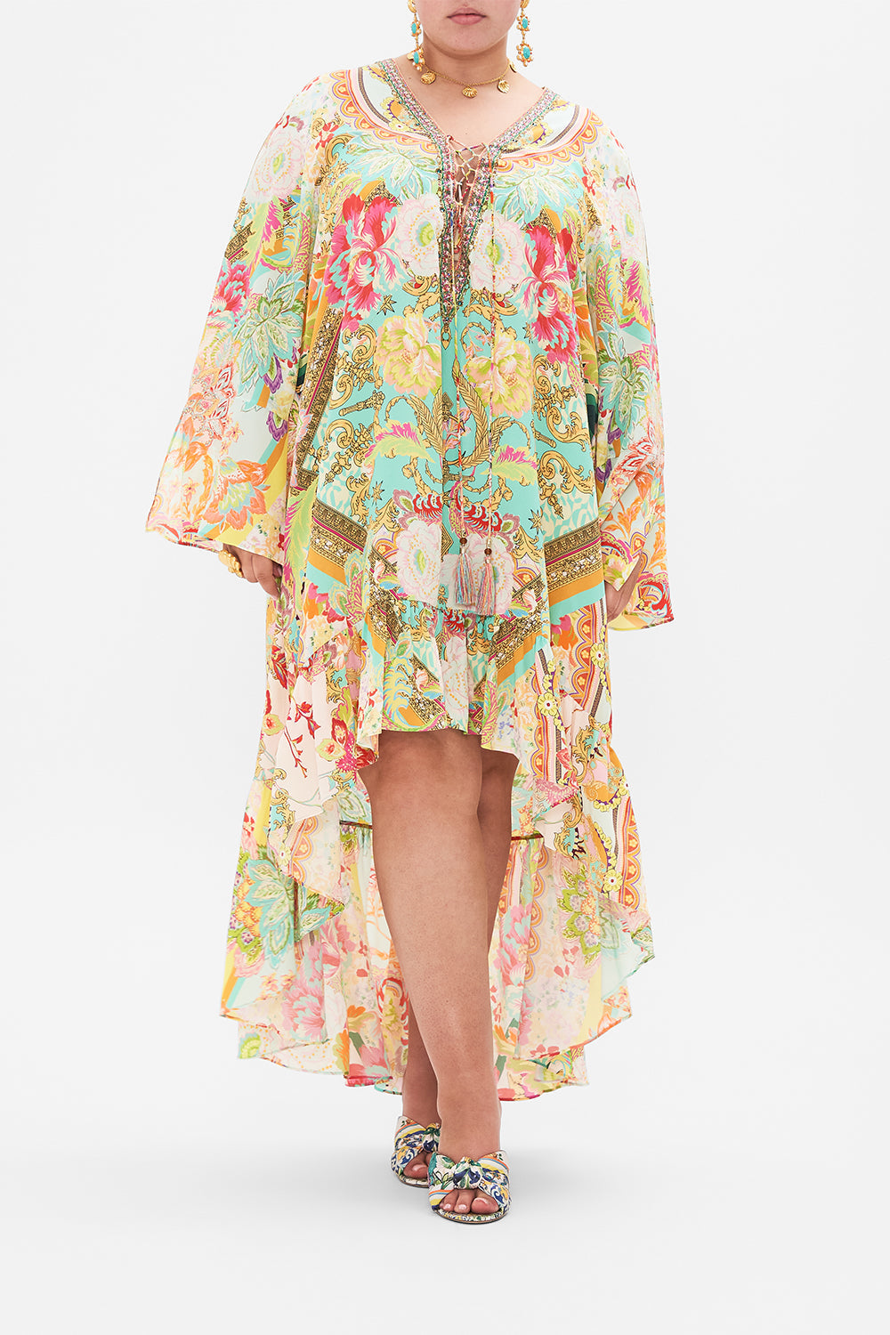 Front view of curvy model wearing CAMILLA plus size silk dress in An Italian Welcome print