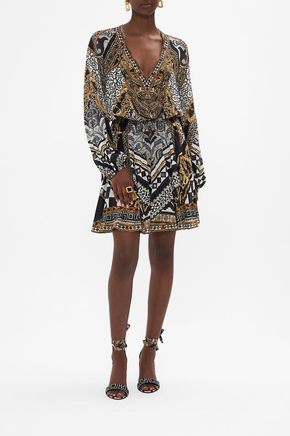 Front view of model wearing CAMILLA silk mini dress in Look Up Tesoro print