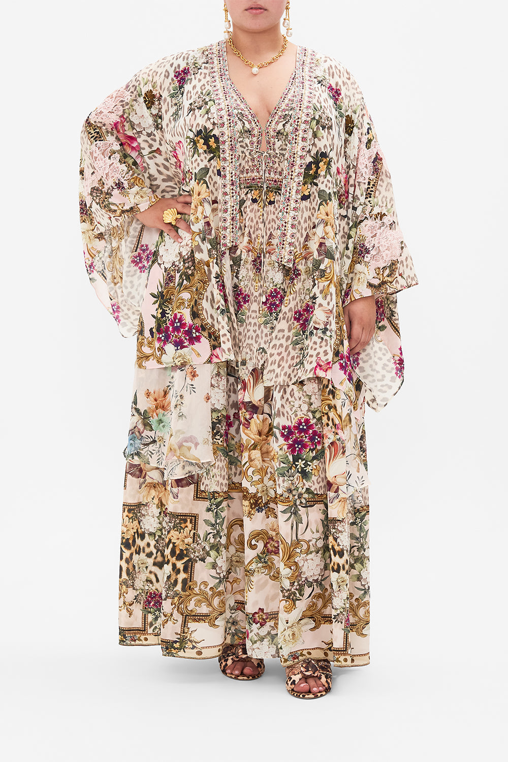 Front view of curvy model wearing CAMILLA plus size silk kimono in Bambino Bliss print