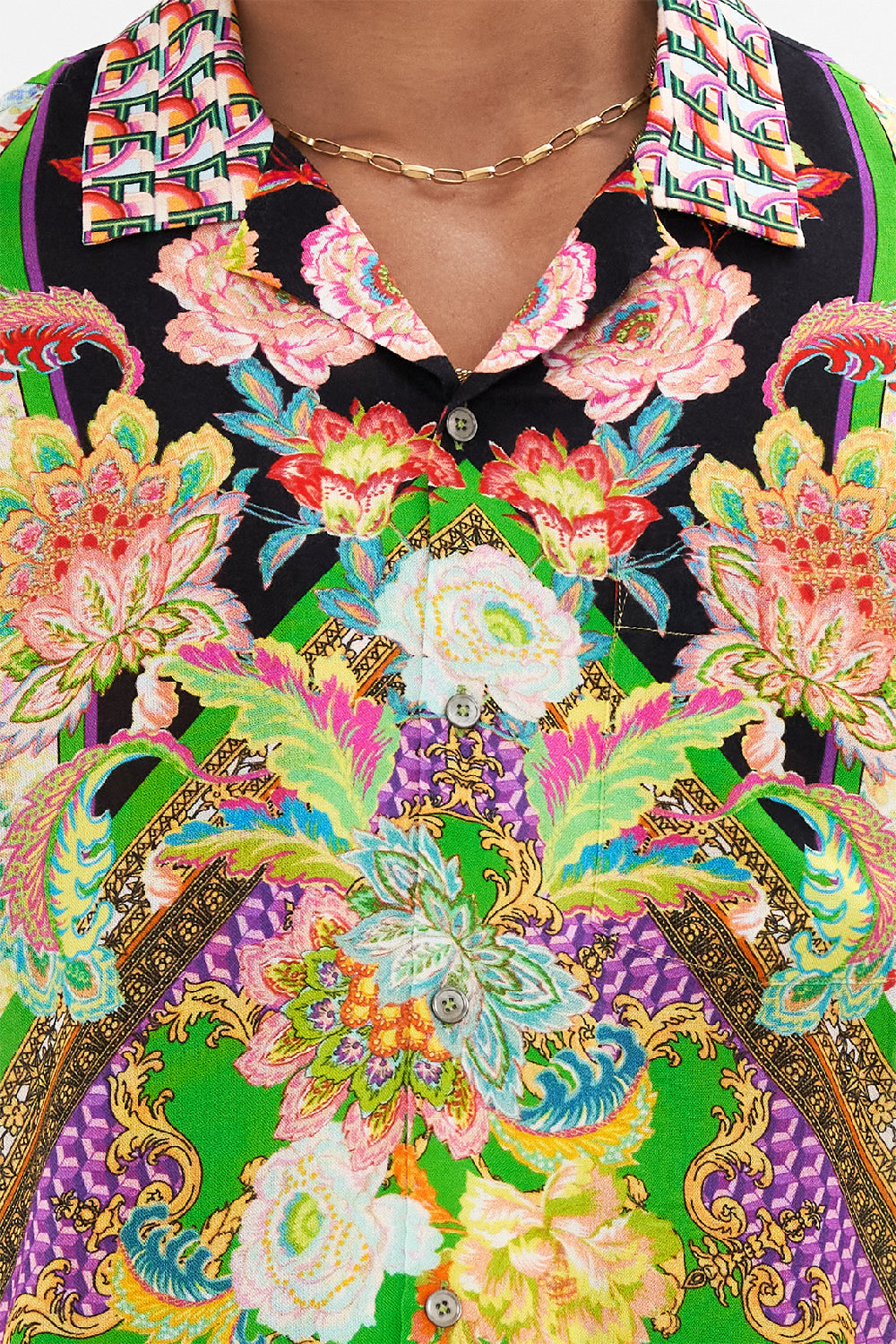 Detail view of model wearing Hotel Franks by CAMILLA mens short sleeve camp collared shirt in Sundowners in Sicily print