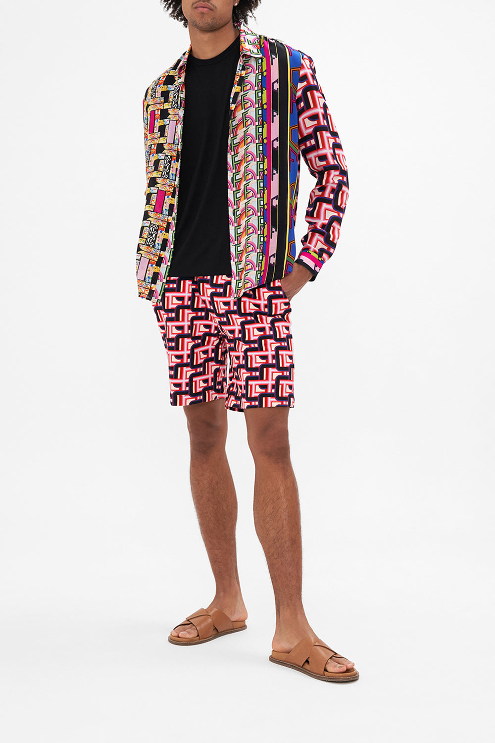 Front view of model wearing HOTEL FRANKS BY CAMILLA long sleeve shirt in Rome Retro print