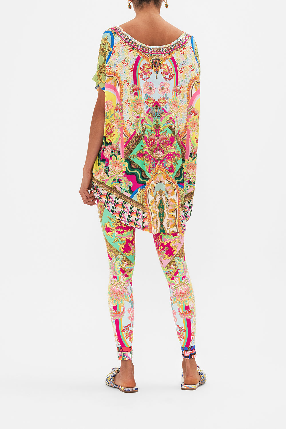 Back view of model wearing CAMILLA loose fit tee in Ciao Bella print