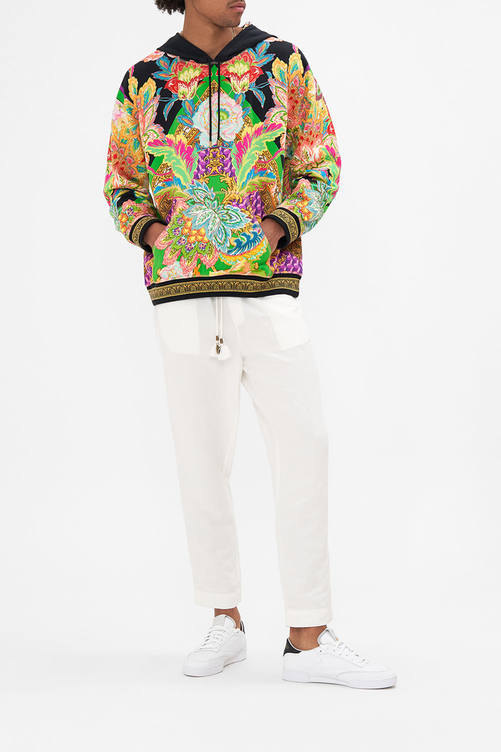 Front view of model wearing Hotel Franks By CAMILLA mens oversized hoodie in Sundowners in Sicily print