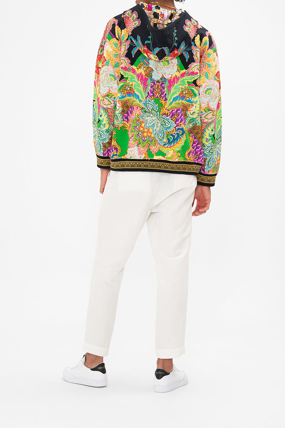 Back view of model wearing Hotel Franks By CAMILLA mens oversized hoodie in Sundowners in Sicily print