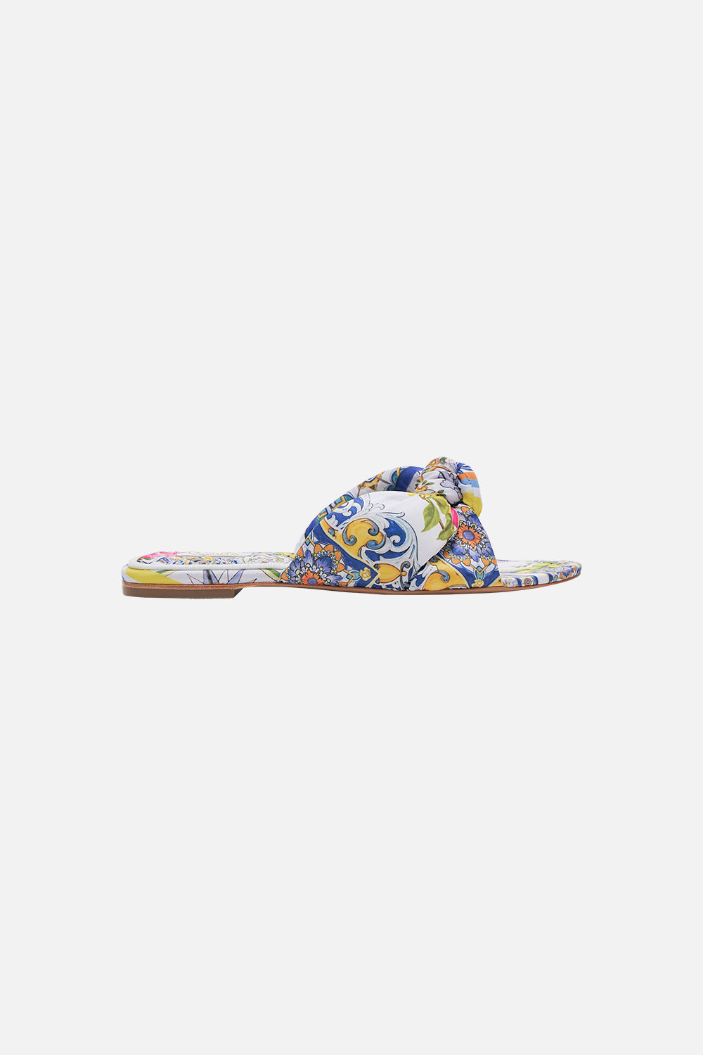 Product view of CAMILLA floral knotted mule in Amalfi Amore print