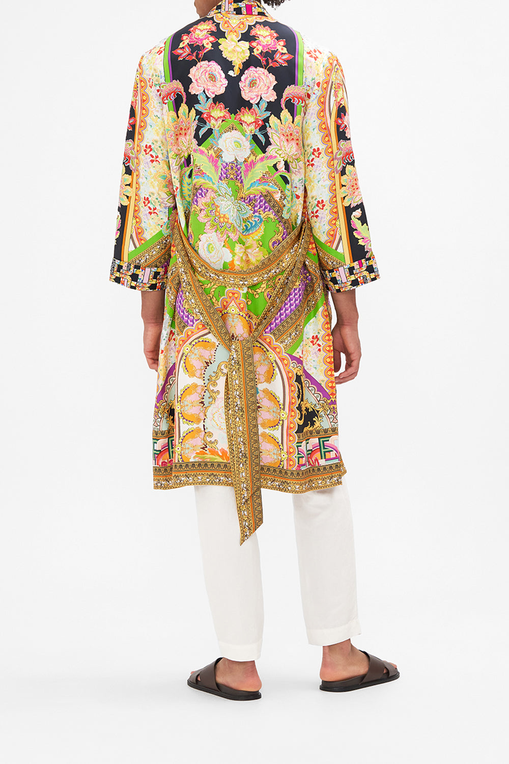 Back view of model wearing HOTEL FRANKS BY CAMILLA mens silk robe in Sundowners in Sicily print