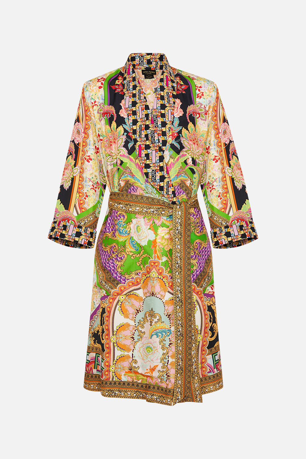 Product view of HOTEL FRANKS BY CAMILLA mens silk robe in Sundowners in Sicily print