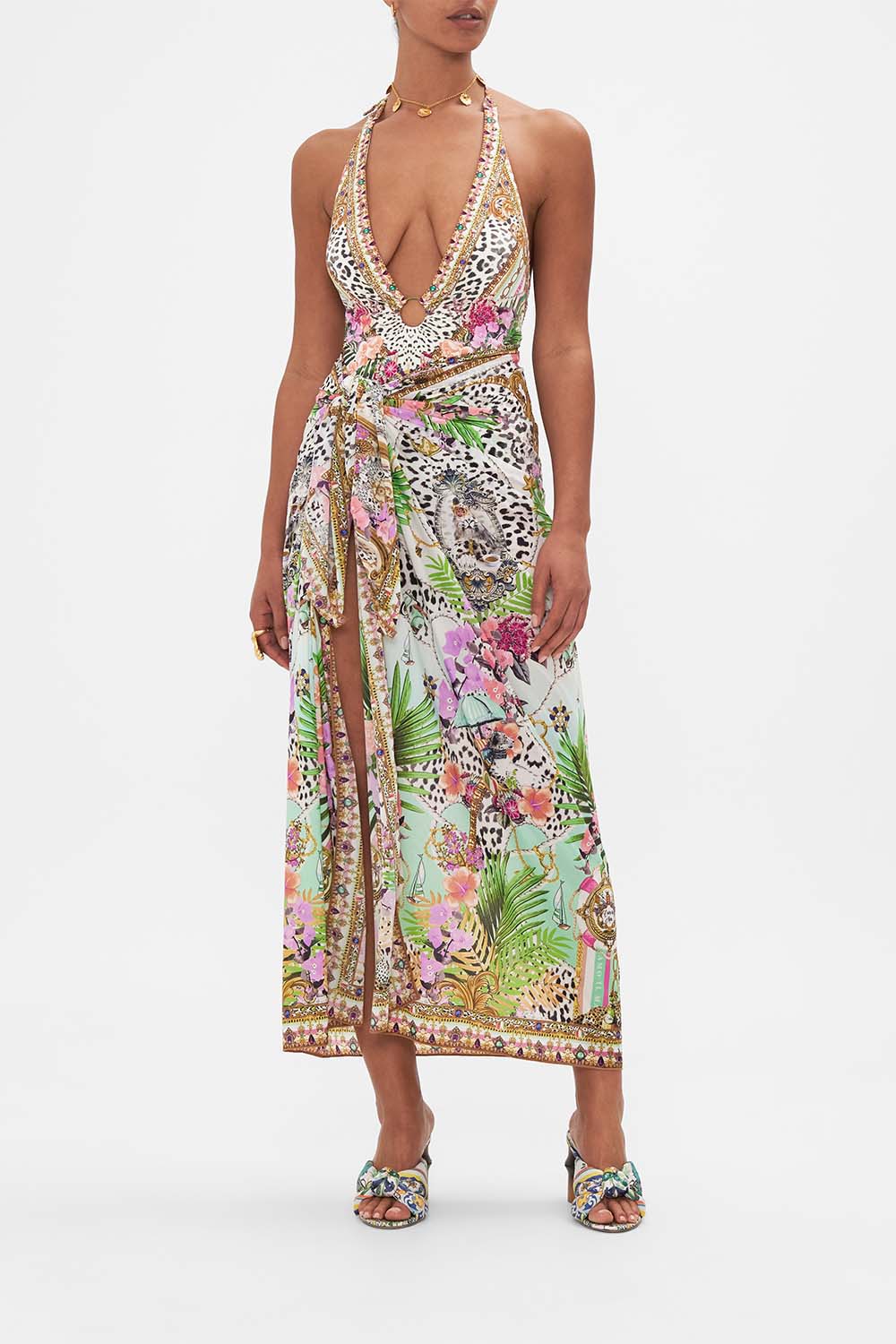 Front view of model wearing CAMILLA resortwear long sarong in Dear Amore mio print