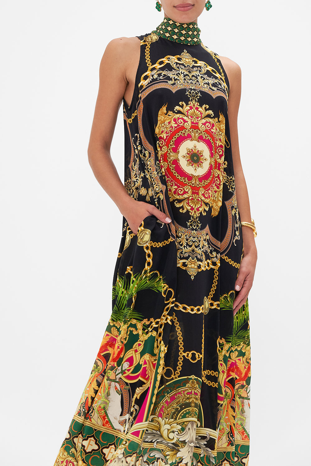 HIGH NECK DRESS WITH BACK NECK TIE JEALOUSY AND JEWELS