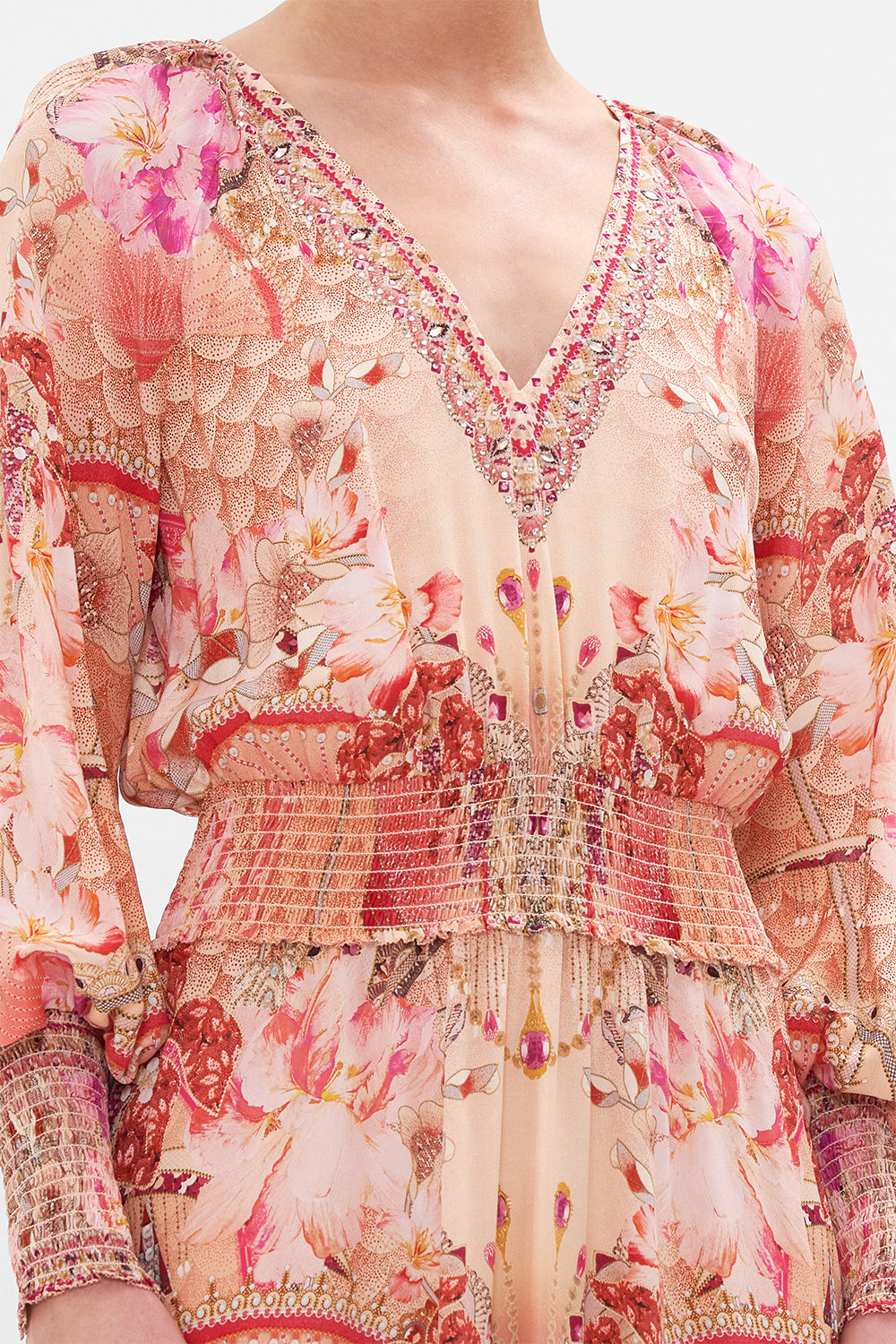 Crop view of model wearing CAMILLA pink floral silk dress in Adore Me print