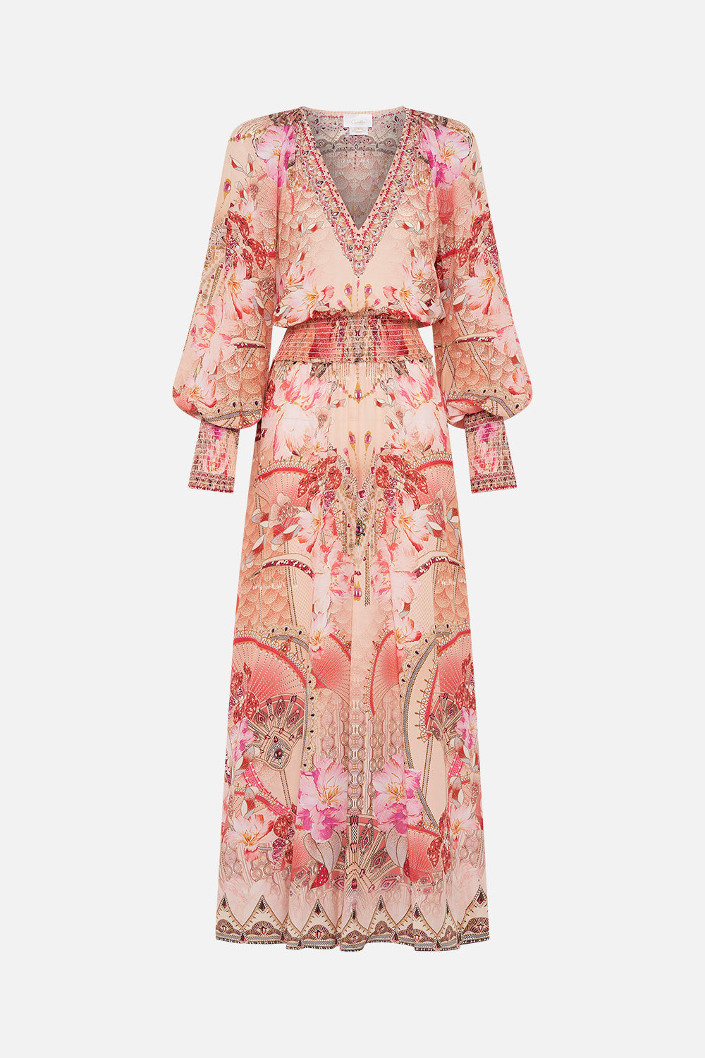 Detail view of model wearing CAMILLA pink floral silk dress in Adore Me print