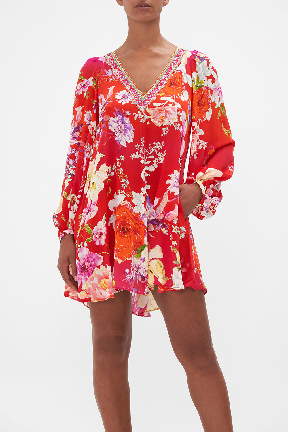 V NECK BLOUSON SLEEVE DRESS KISS AND TELL