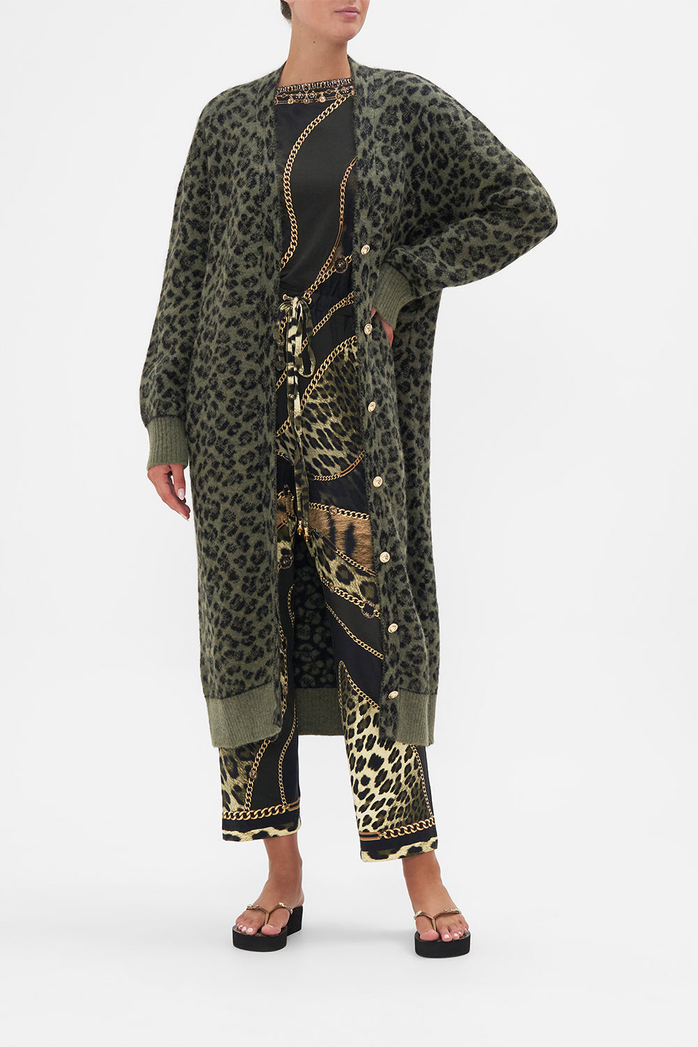 Front view of model wearing CAMILLA long cocoon cardigan in Lions Mane print