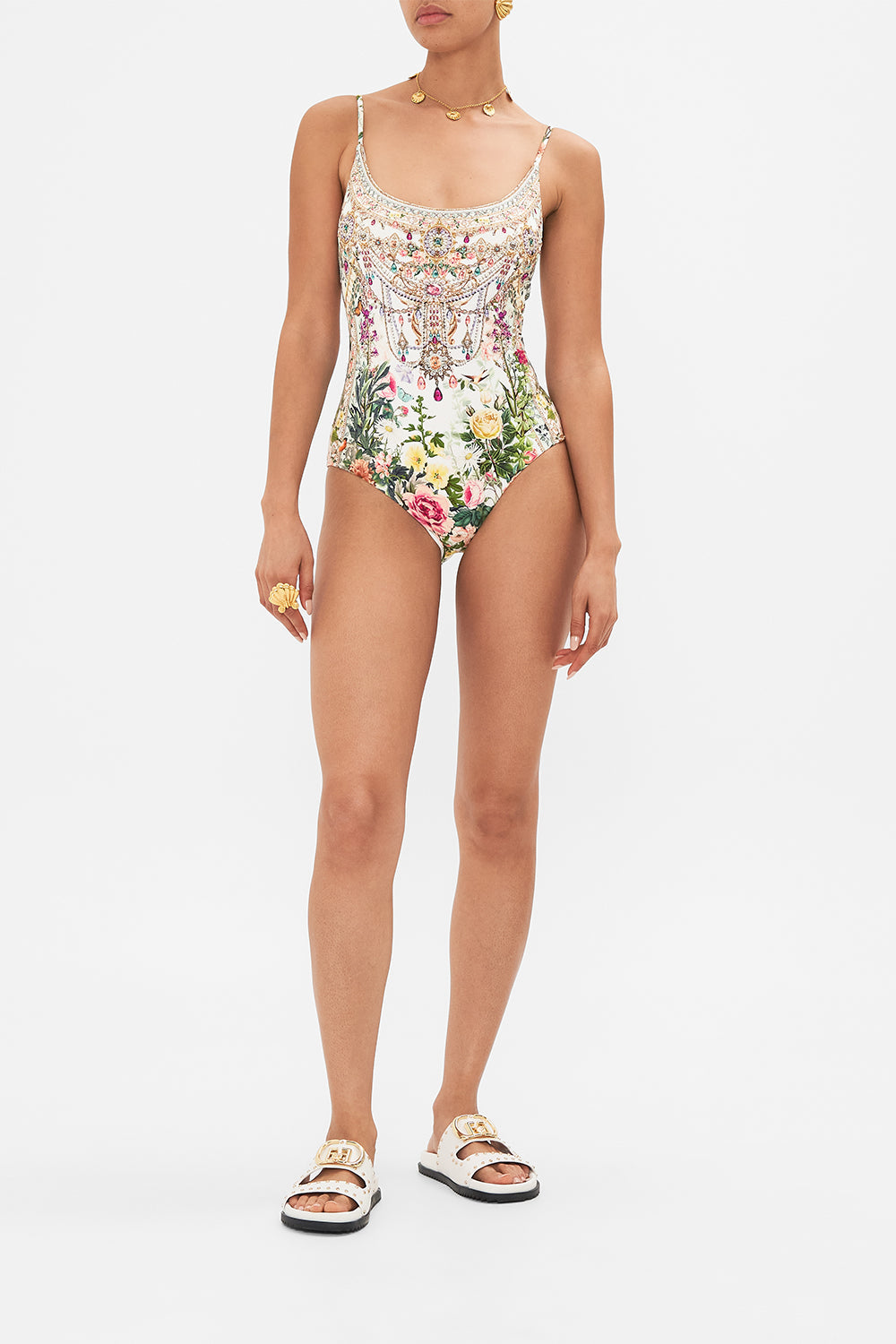 Front view of model wearing CAMILLA designer one piece swimsuit in Renaissance Romance print