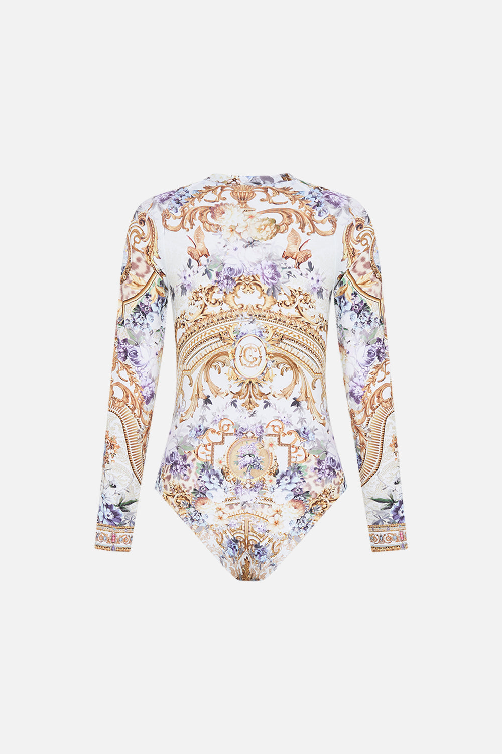 Detail view of model wearing CAMILLA womens paddlesuit in Palazzo Playdate print