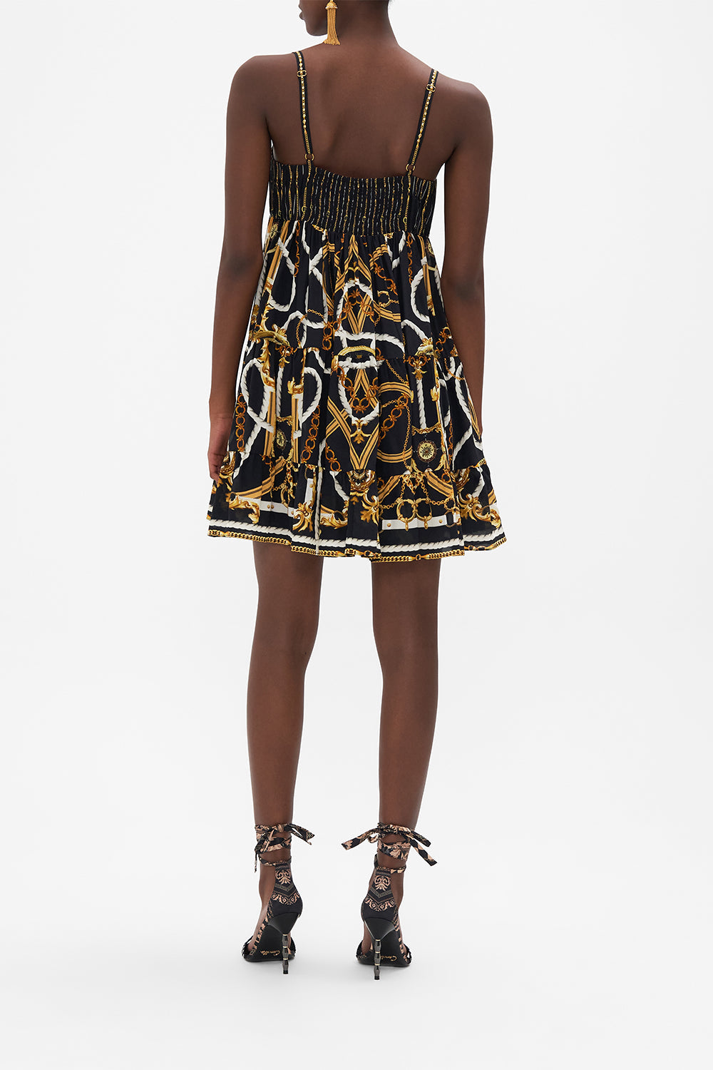 Back view of model wearing CAMILLA chain print mini dress in Coast to Coast print