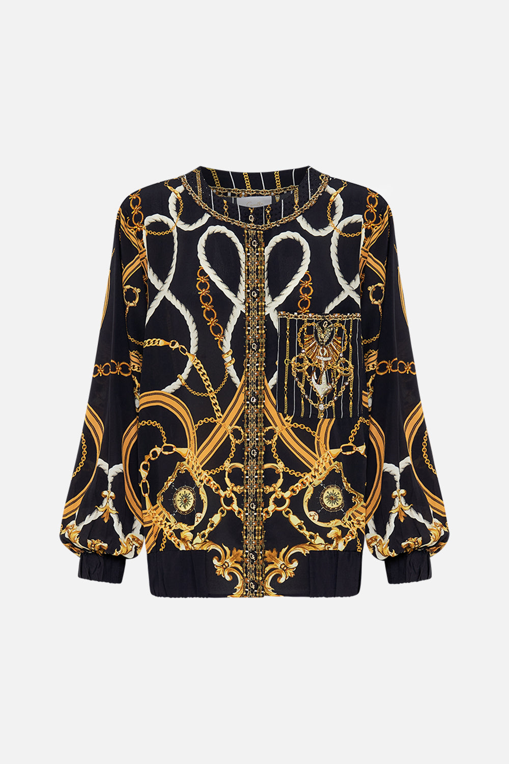 Product view of CAMILA silk bomber jacket in Coast to Coast print