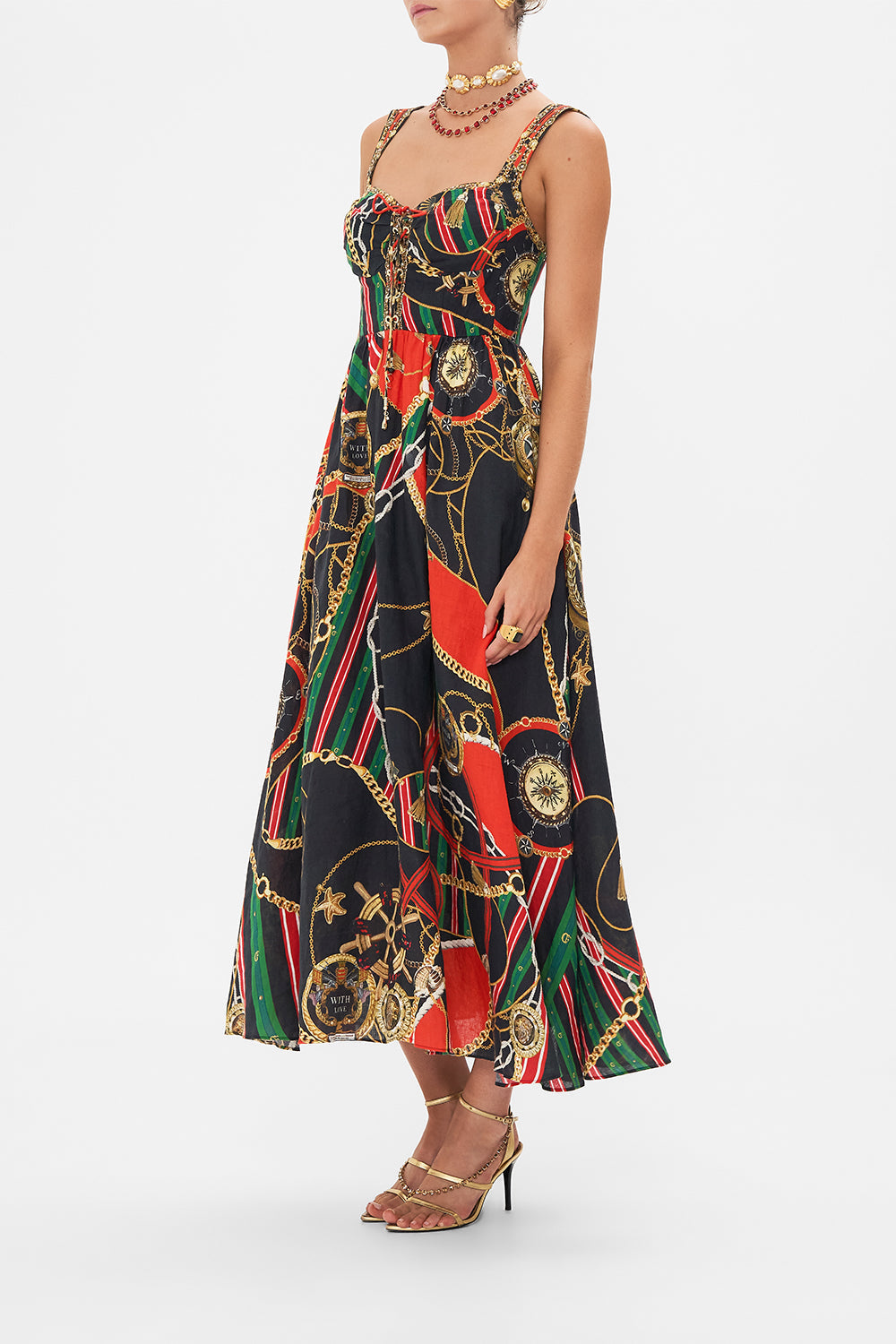 Side view of model wearing CAMILLA bustier dress in Club Aperitivo print