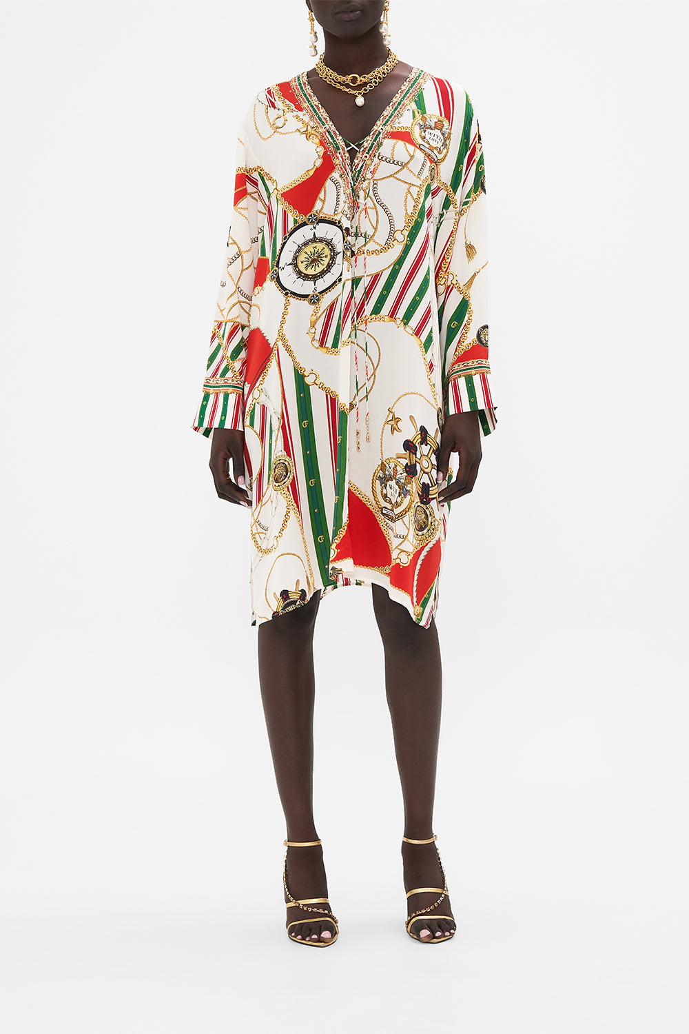 Front view of CAMILLA silk kaftan in Saluti Summertime print