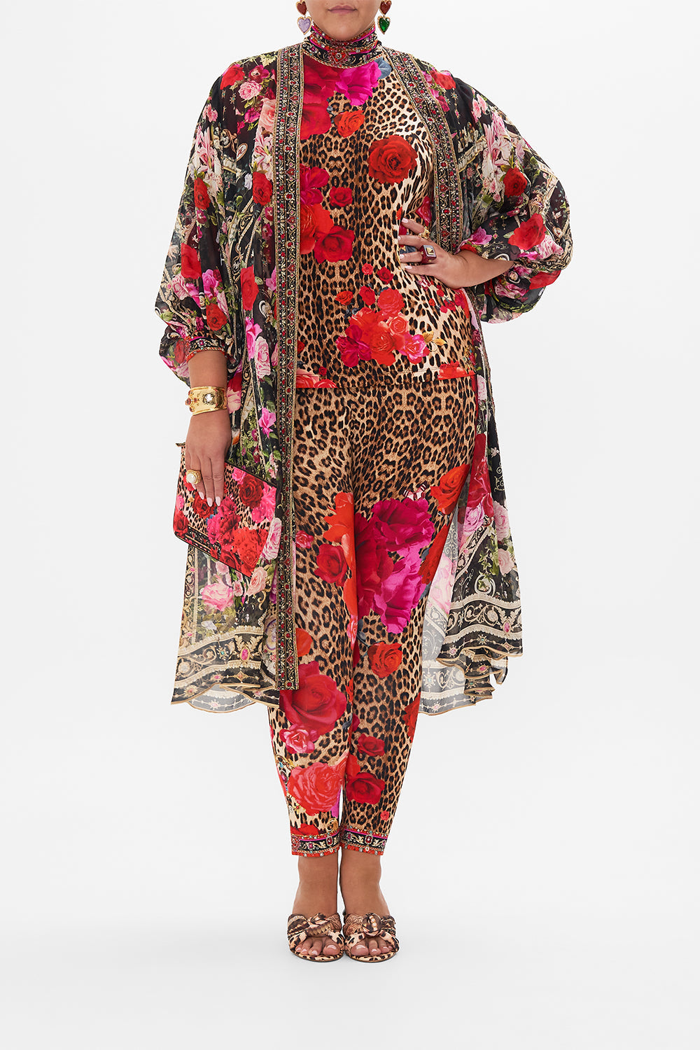 Front view of curvy model wearing CAMILLA plus size turtleneck in Heart Like A Wildflower print