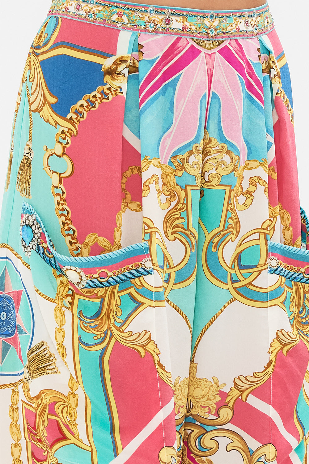 Detail view of model wearing CAMILLA silk trouser in Sail Away With Me print