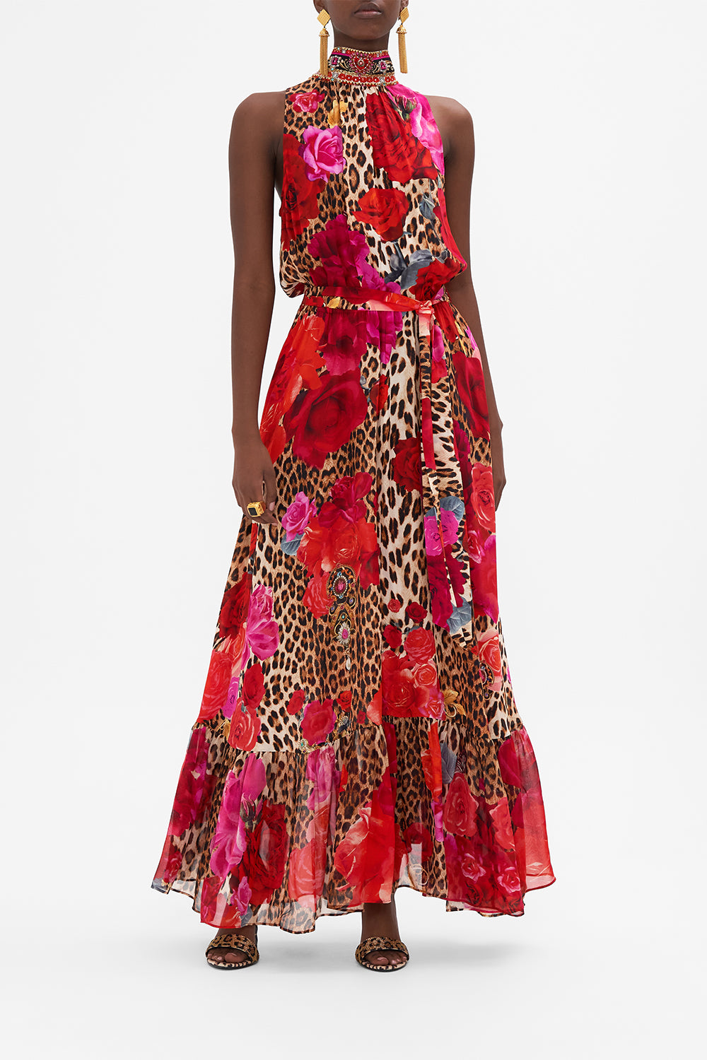 Front view of model wearing CAMILLA floral silk dress with neck tie in Heart Likle A Wildflower print