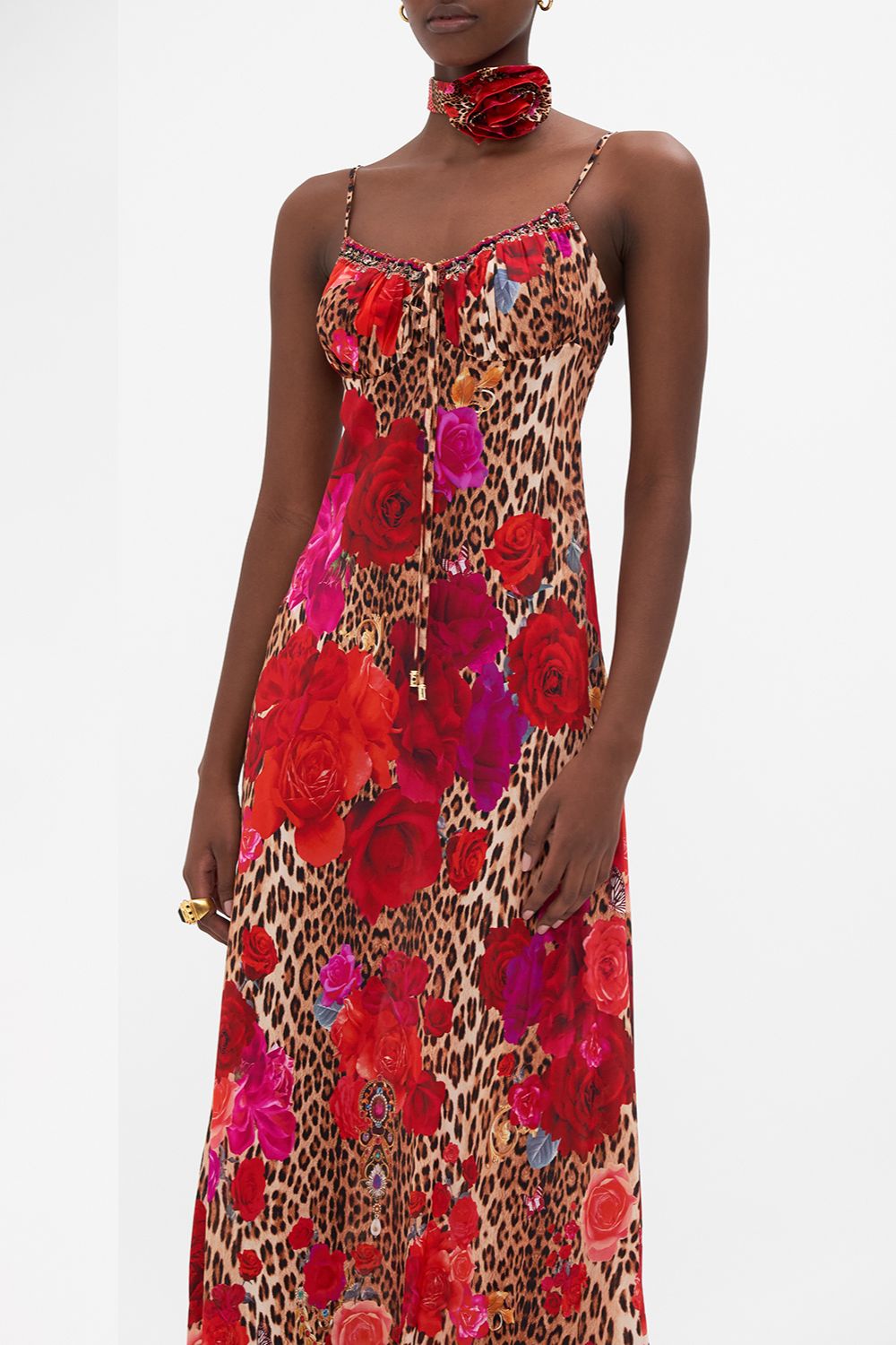 Crop view of model wearing CAMILLA floral dress in Heart Like A Wildflower print