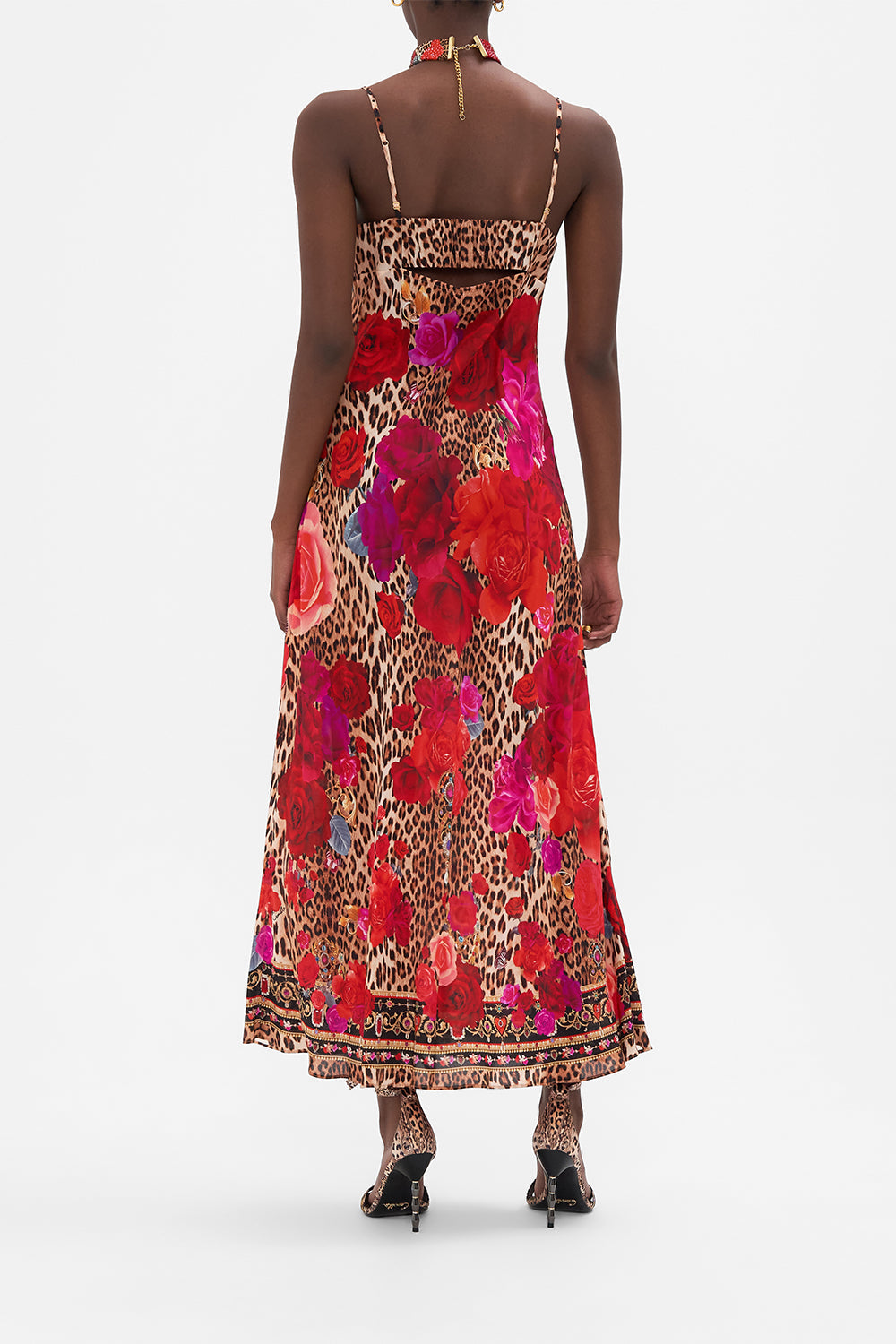 Back view of model wearing CAMILLA floral dress in Heart Like A Wildflower print