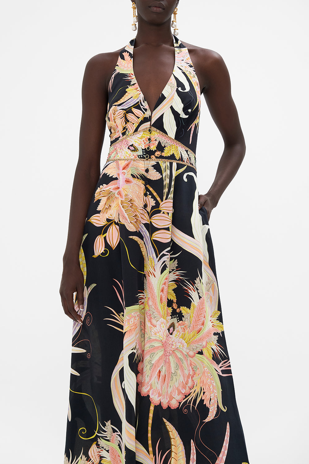 Crop view of model wearing CAMILLA silk jumpsuit in Lady of The Moon print