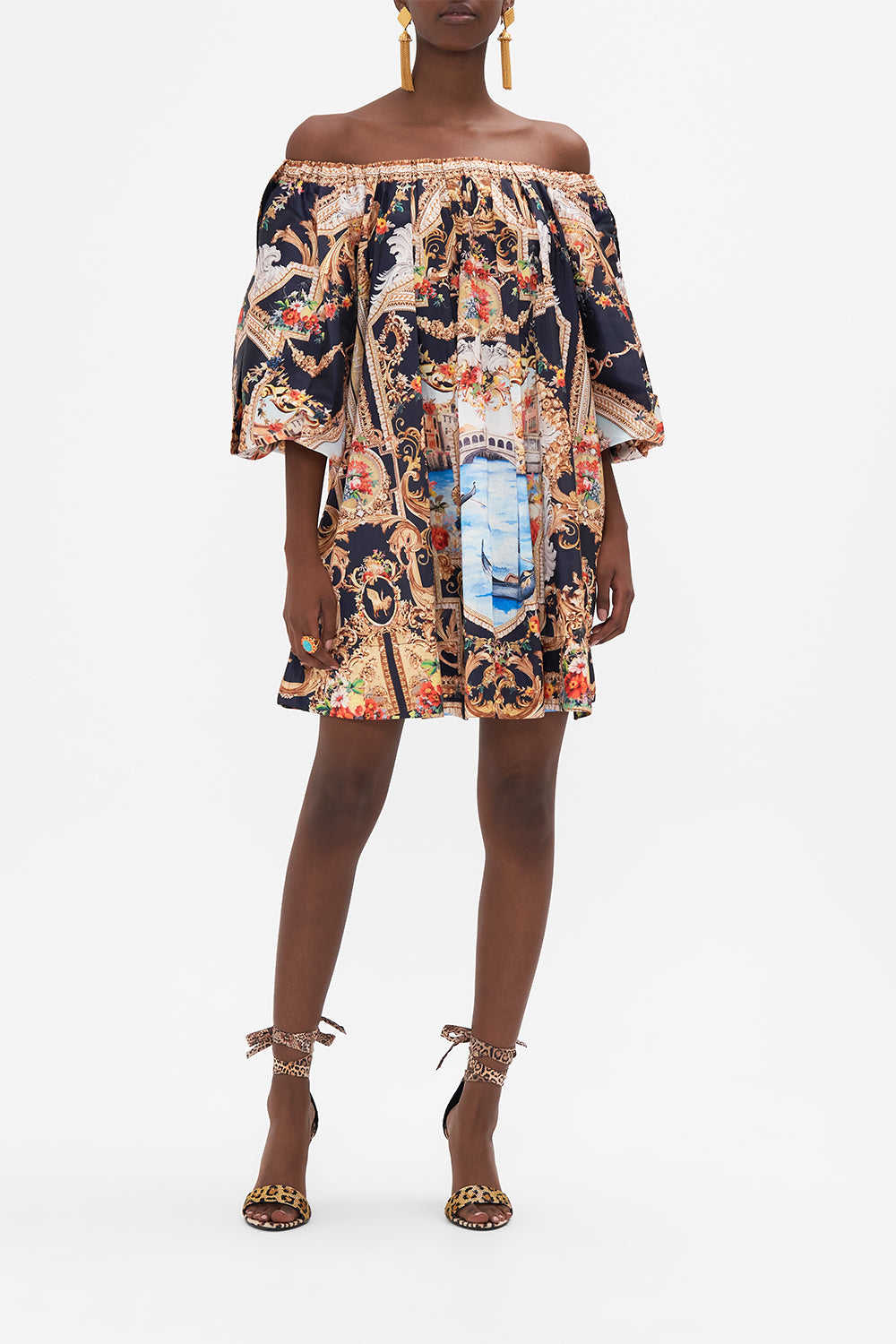Front view of model wearing CAMILLA off the shoulder mini dress in Venice Vignette print